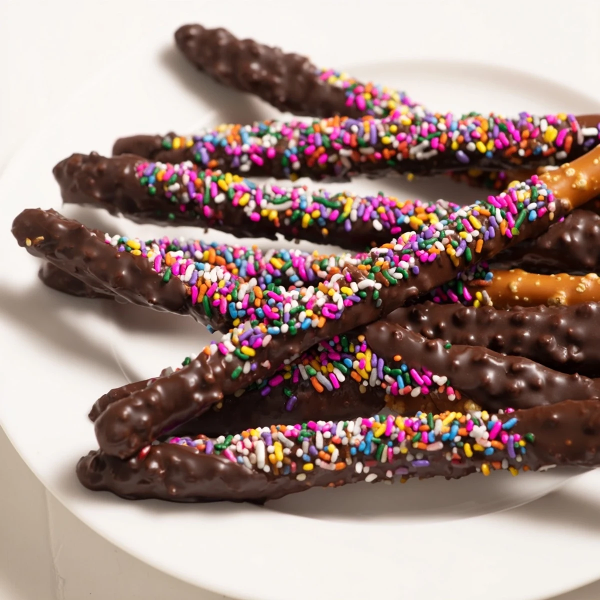 Festive chocolate-covered pretzels with sprinkles on a marble countertop, with a glass of milk and scattered sprinkles suggesting a fun party dessert.