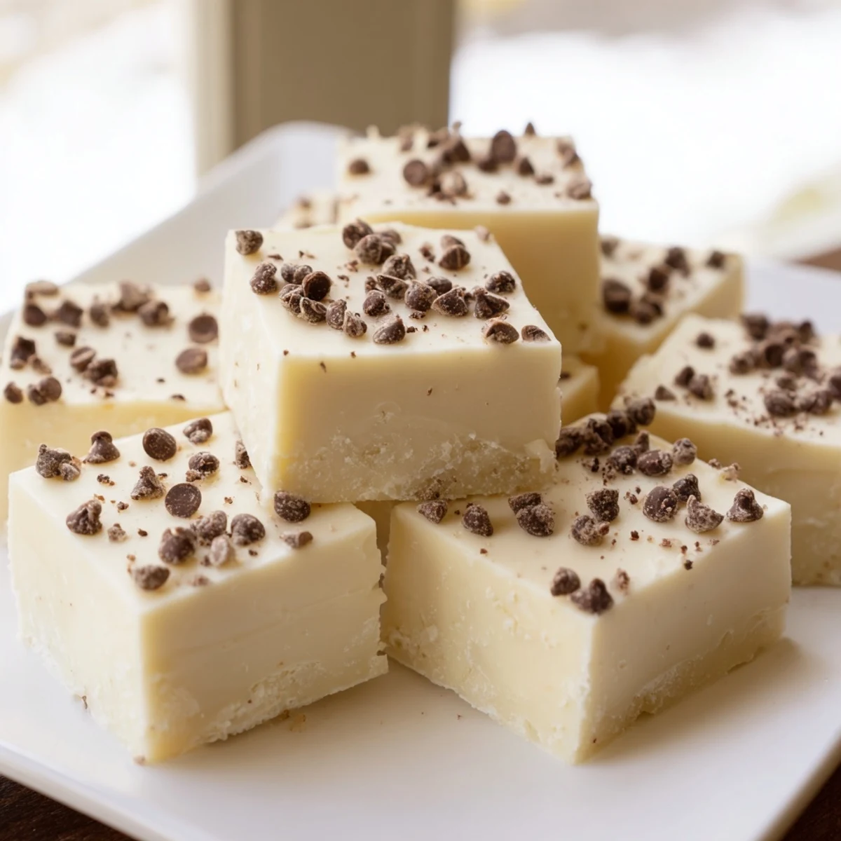 Freshly cut squares of Irish Cream Fudge show a creamy texture, with mini chocolate chips sprinkled on top, ready to serve.