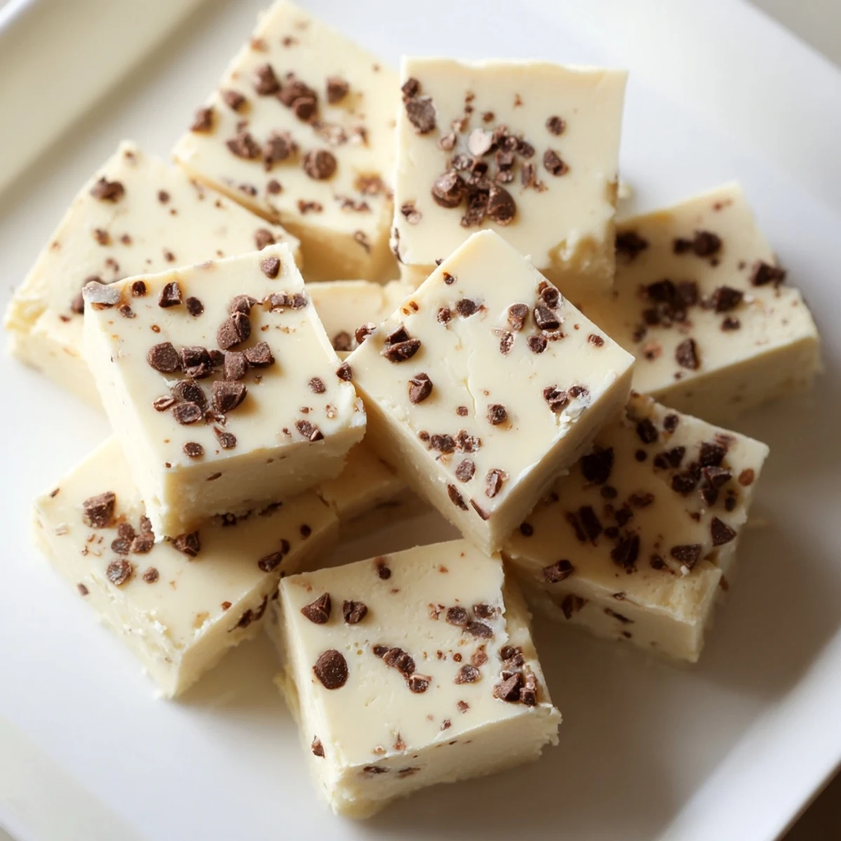 Close-up of smooth, homemade Irish Cream Fudge pieces, garnished with chocolate shavings, stacked on a dessert plate for an easy treat.
