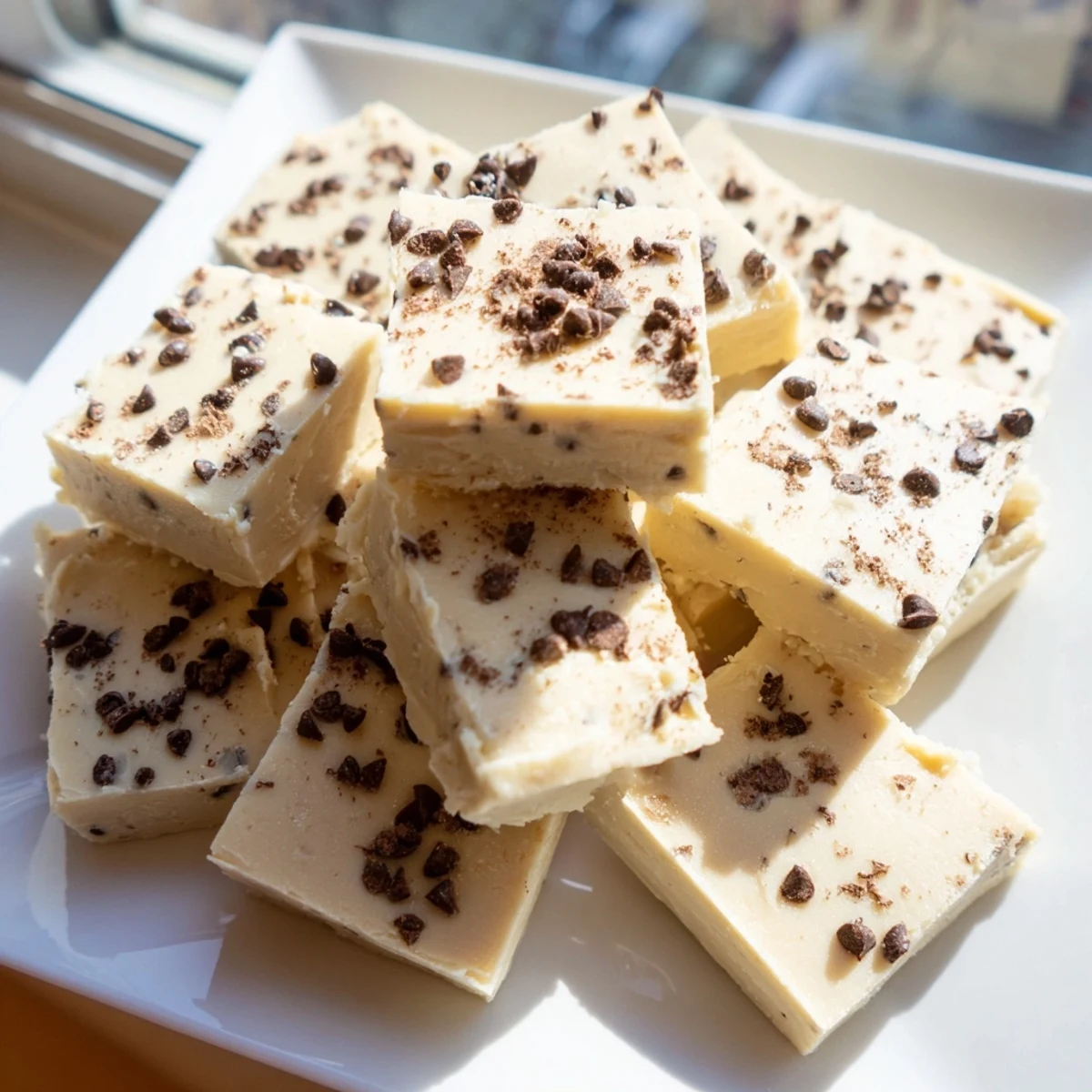 Rich, alcohol-free Irish Cream Fudge squares with a soft white chocolate base, displayed on parchment paper for a rustic look.