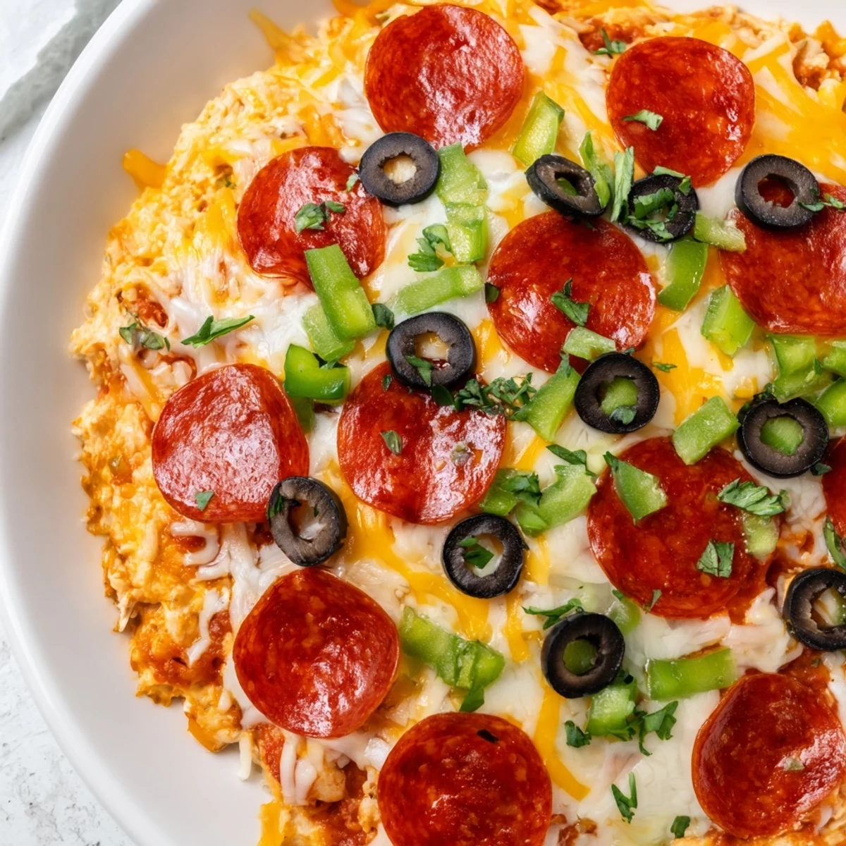 Golden, bubbly Game Day Pepperoni Pizza Dip with melty cheese, halal pepperoni, green peppers, and black olives.