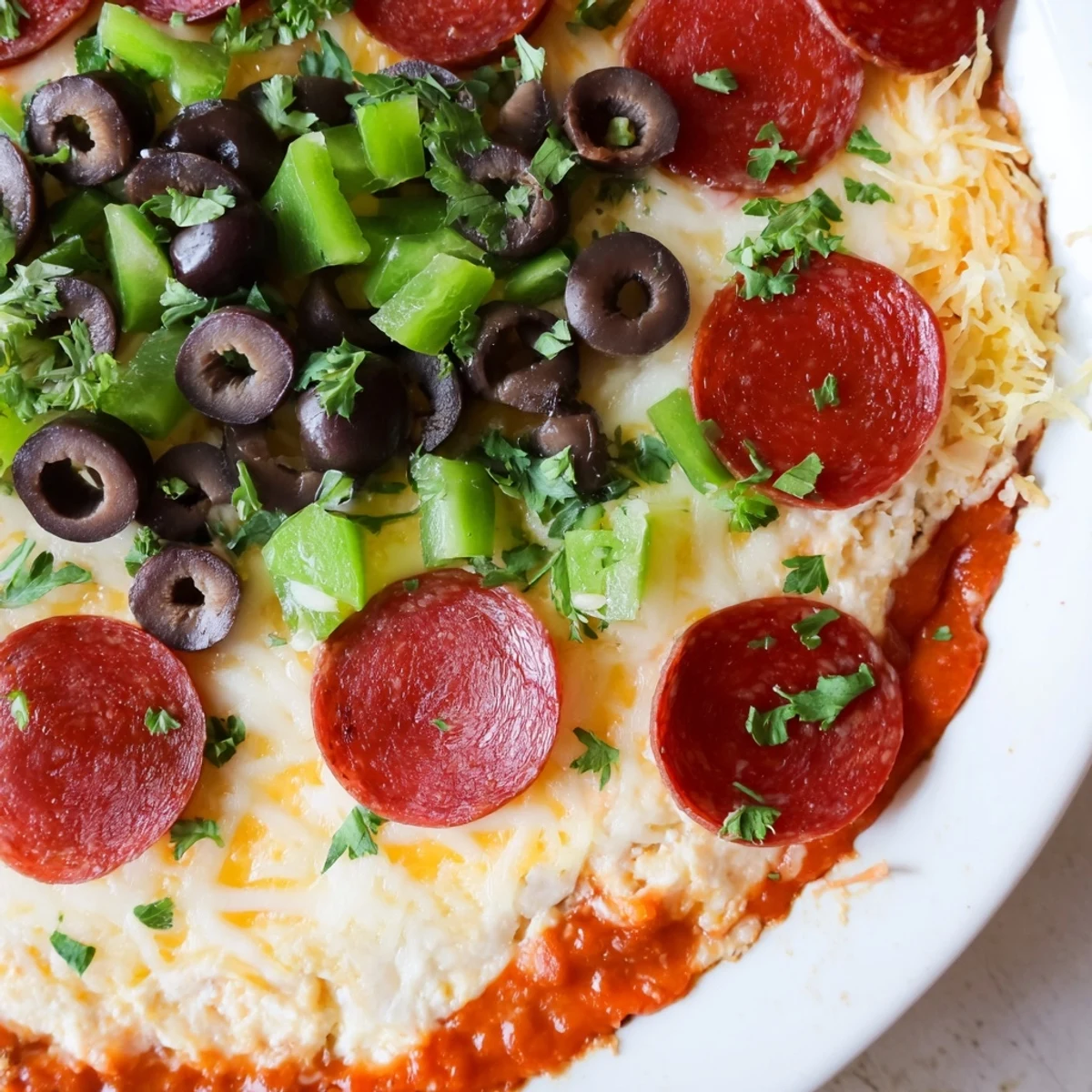 Spoon serving of Game Day Pepperoni Pizza Dip shows layers of marinara, creamy cheese, and halal pepperoni.