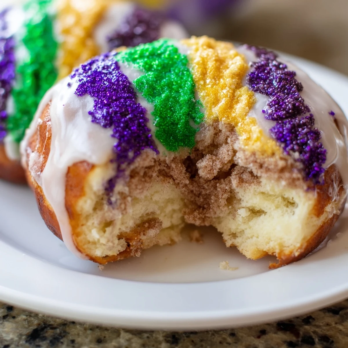 Twelve golden Mardi Gras King Cake Donuts are glazed and topped with purple, green, and gold sanding sugars on a wire rack.
