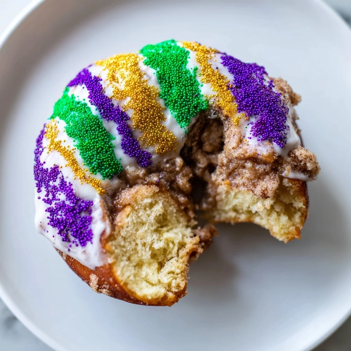 Freshly baked Mardi Gras King Cake Donuts are arranged on a wire rack, dripping with glaze and ready for a festive party.