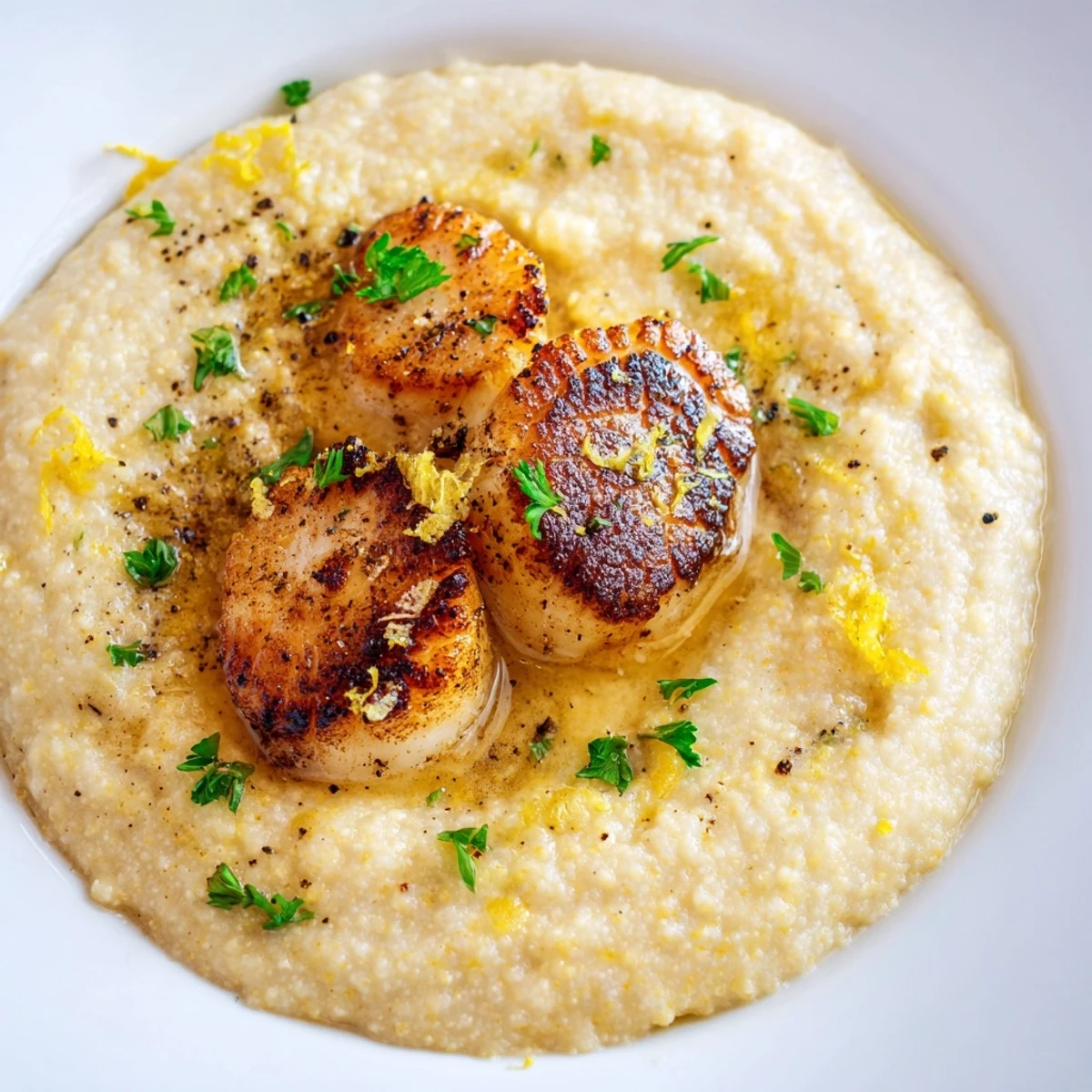 Golden seared scallops resting on creamy Parmesan polenta, garnished with fresh parsley and lemon zest, plated for a romantic dinner.