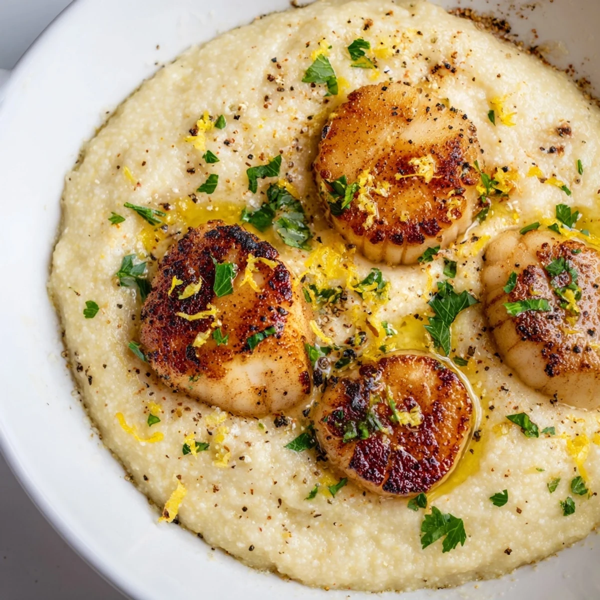 A close-up of Romantic Scallops with Polenta featuring tender scallops, buttery lemon sauce, and soft, cheesy cornmeal.