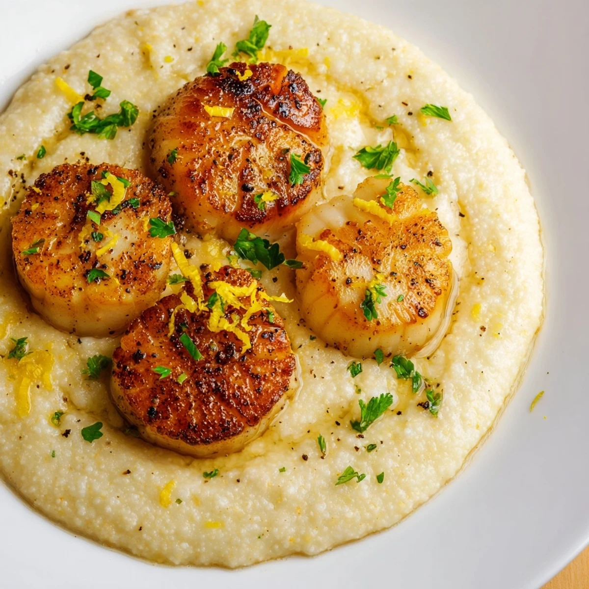 Savory Romantic Scallops with Polenta served on warm plates, paired with a glass of white wine for an elegant Italian-inspired meal.
