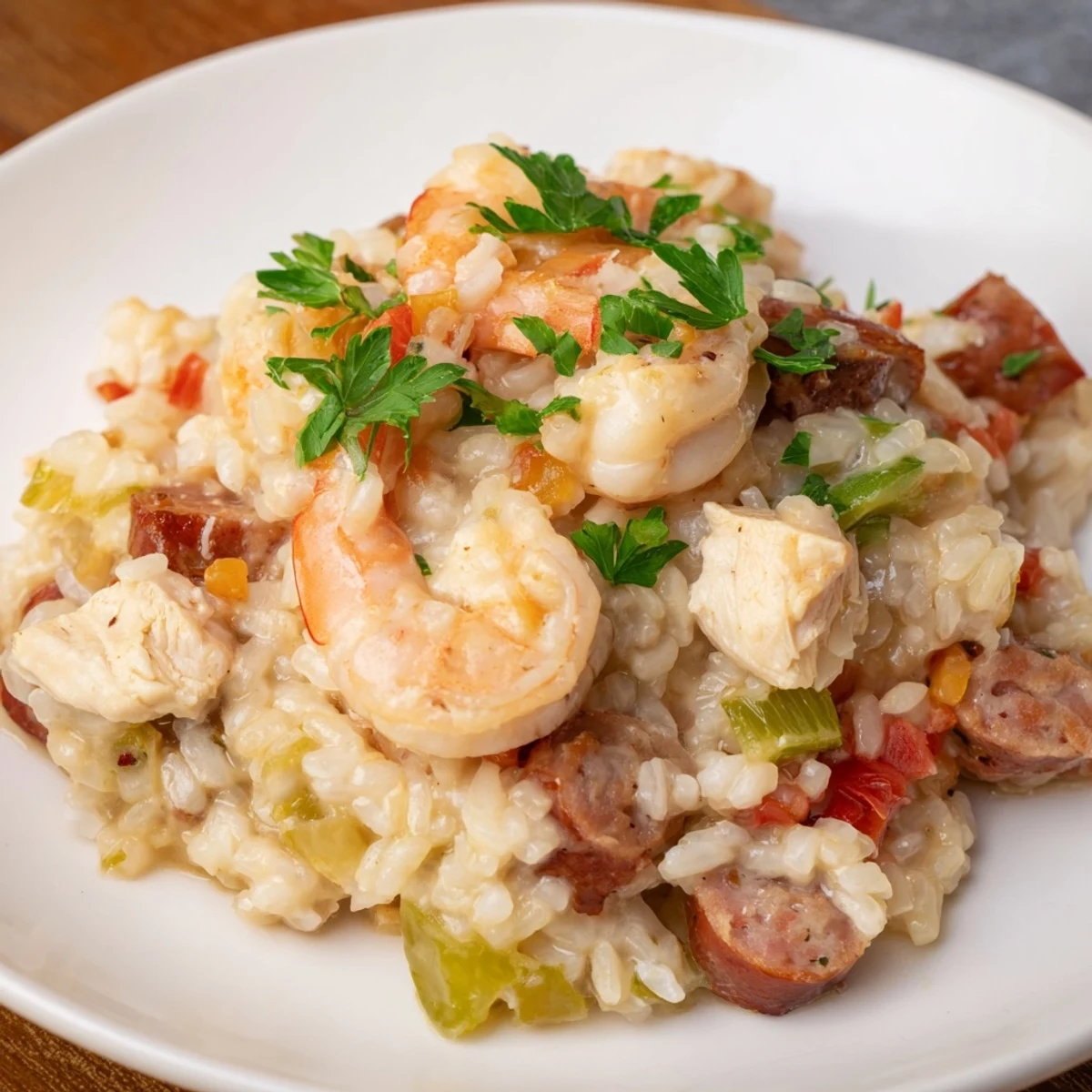 A hearty bowl of Creole Jambalaya Risotto features plump shrimp, tender chicken, and andouille sausage in a creamy, spiced tomato broth.
