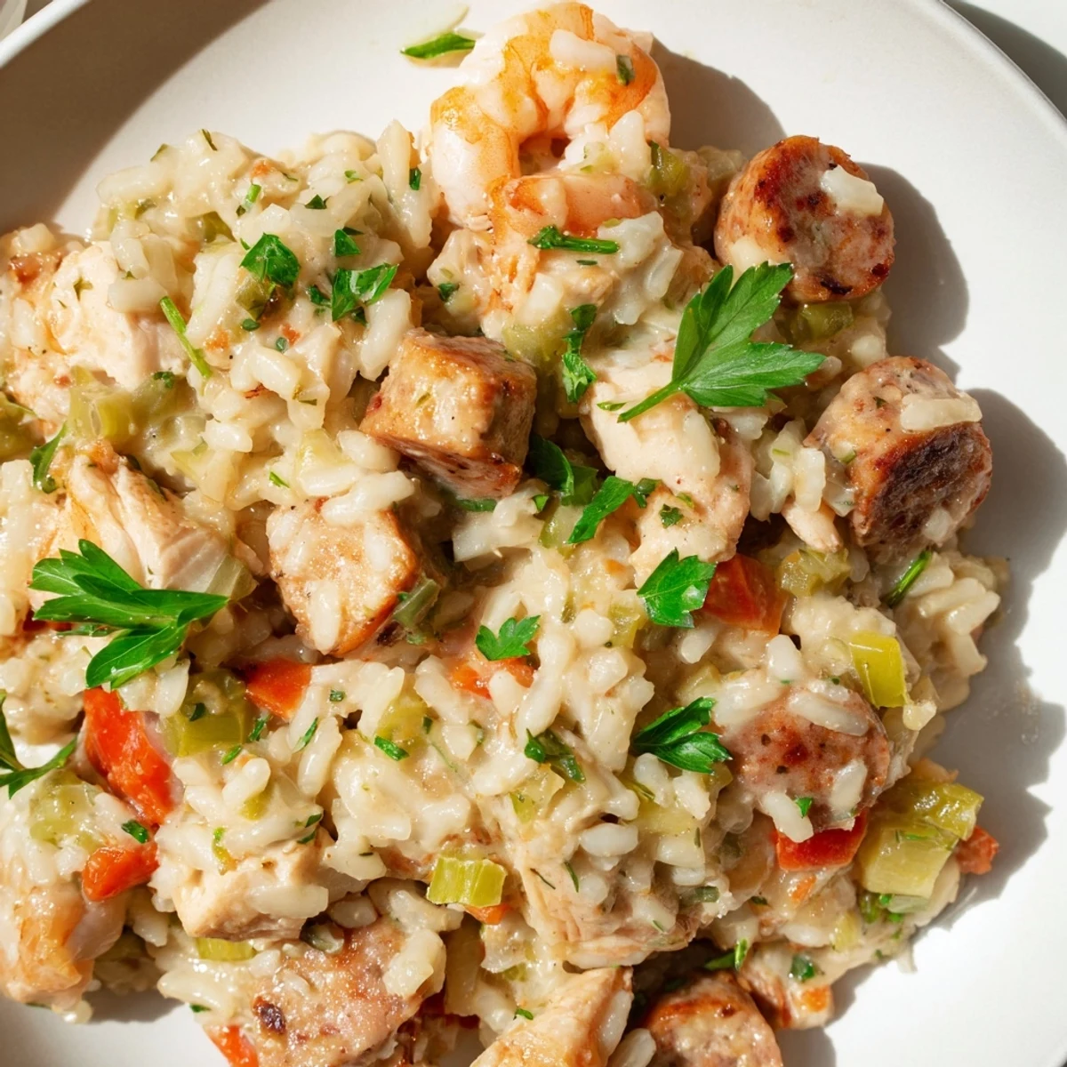 Golden andouille sausage and diced chicken breast mingle with sautéed bell peppers and onions in this hearty Creole Jambalaya Risotto.