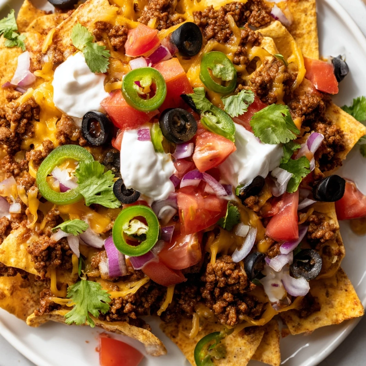 Championship Nacho Platter with Beef, fresh diced tomatoes and avocado on a wooden board.