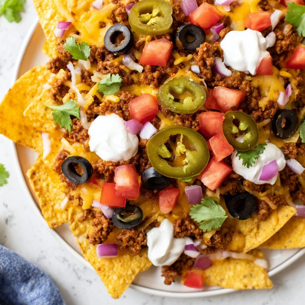 Bubbling Championship Nacho Platter with Beef, topped with sour cream, jalapeños, and fresh cilantro.