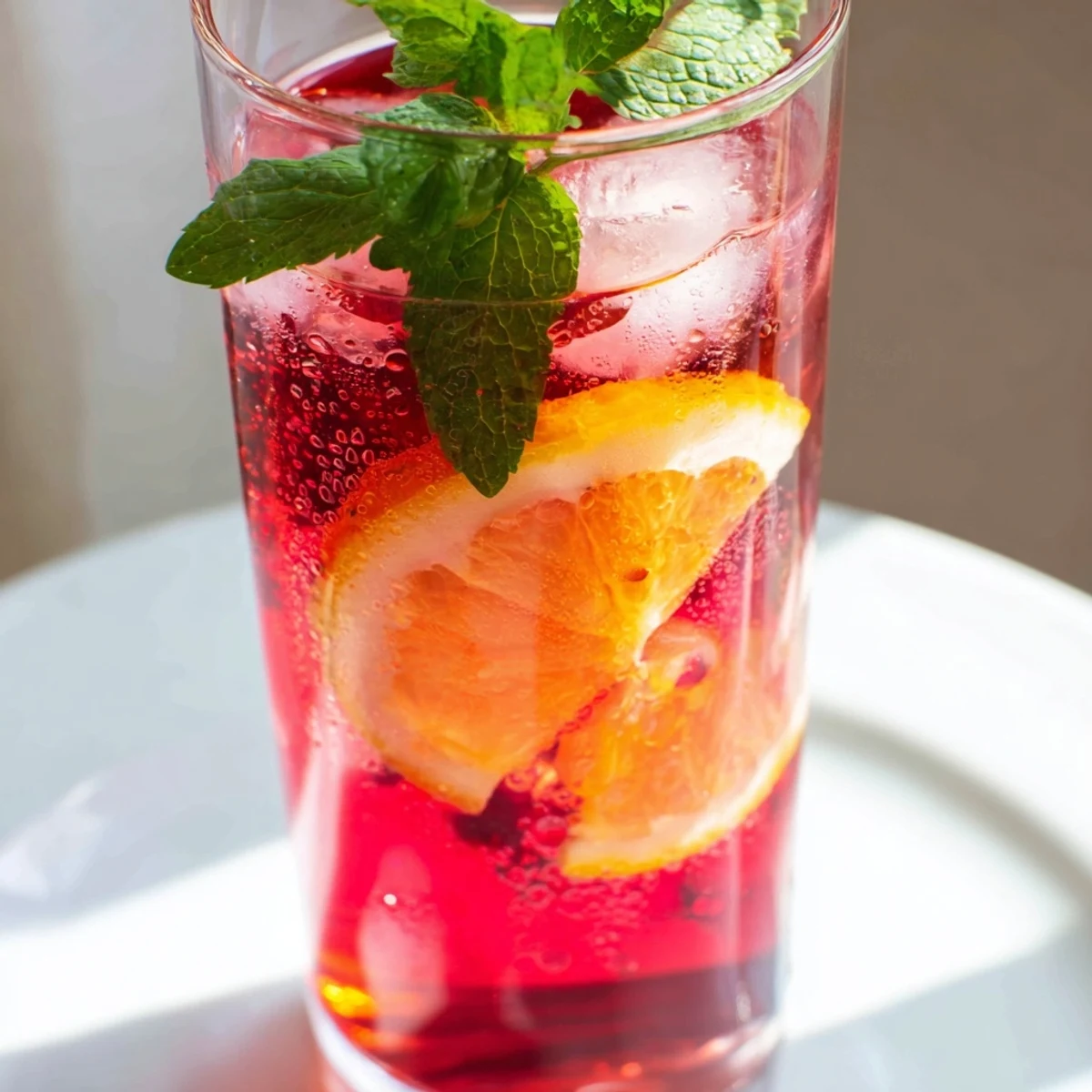 A glass of Pink Hibiscus Iced Tea is filled with ice, garnished with fresh mint and vibrant citrus slices.