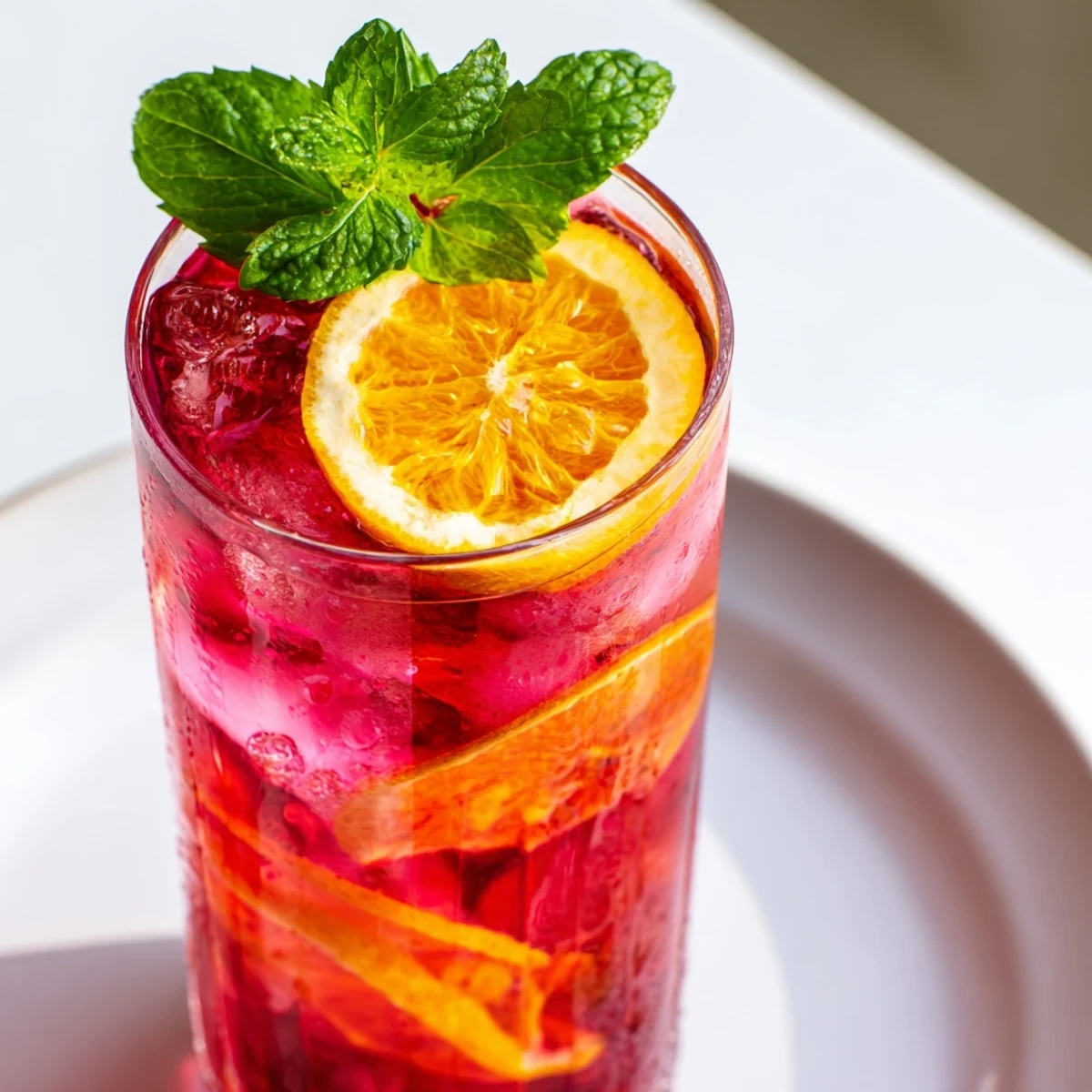 Bright pink hibiscus tea in a tall glass with sliced oranges and lemons, served over ice.