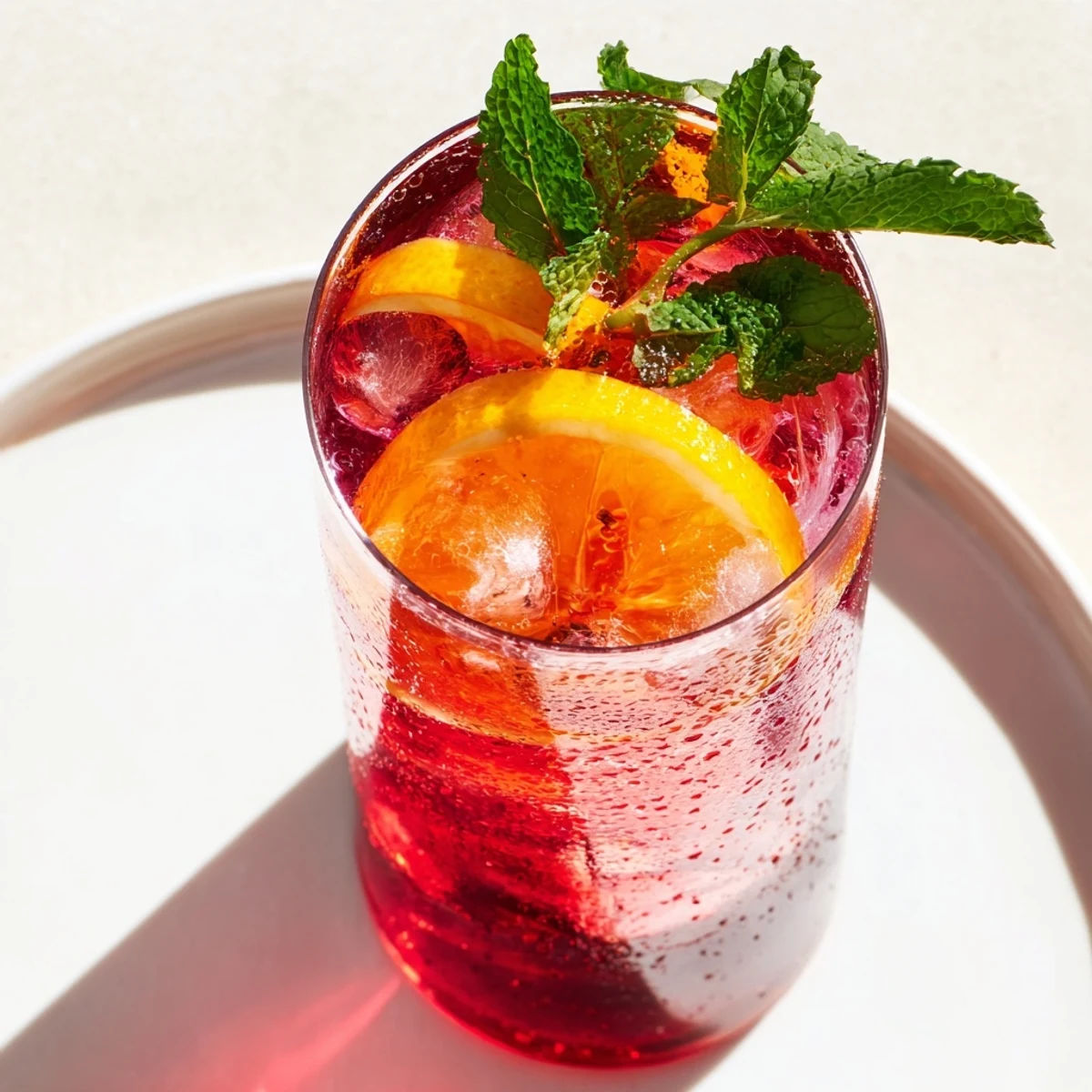 Chilled pitcher of Pink Hibiscus Iced Tea surrounded by fresh mint sprigs and sliced citrus.