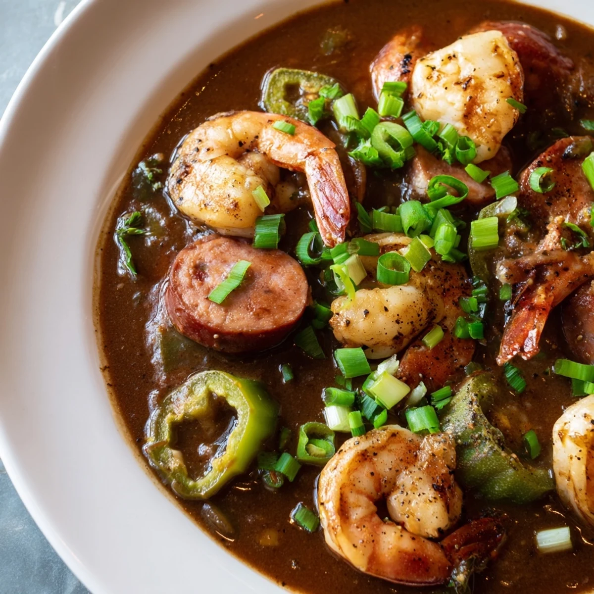 Steaming Creole Seafood Gumbo with okra, shrimp, and crab ladled over fluffy white rice, garnished with fresh parsley.