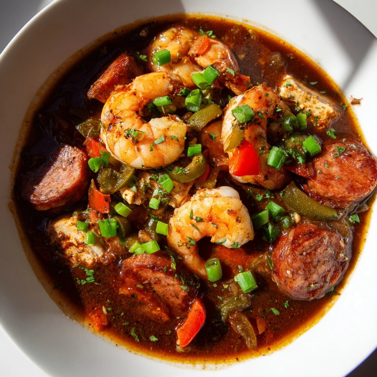 A spoonful of rich Creole Seafood Gumbo reveals tender shrimp, smoky andouille sausage, and sliced okra in a dark roux.