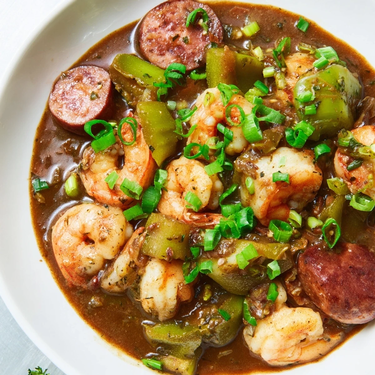 Homestyle Creole Seafood Gumbo served in a rustic bowl, featuring chunks of white fish, spicy sausage, and vibrant green onions.