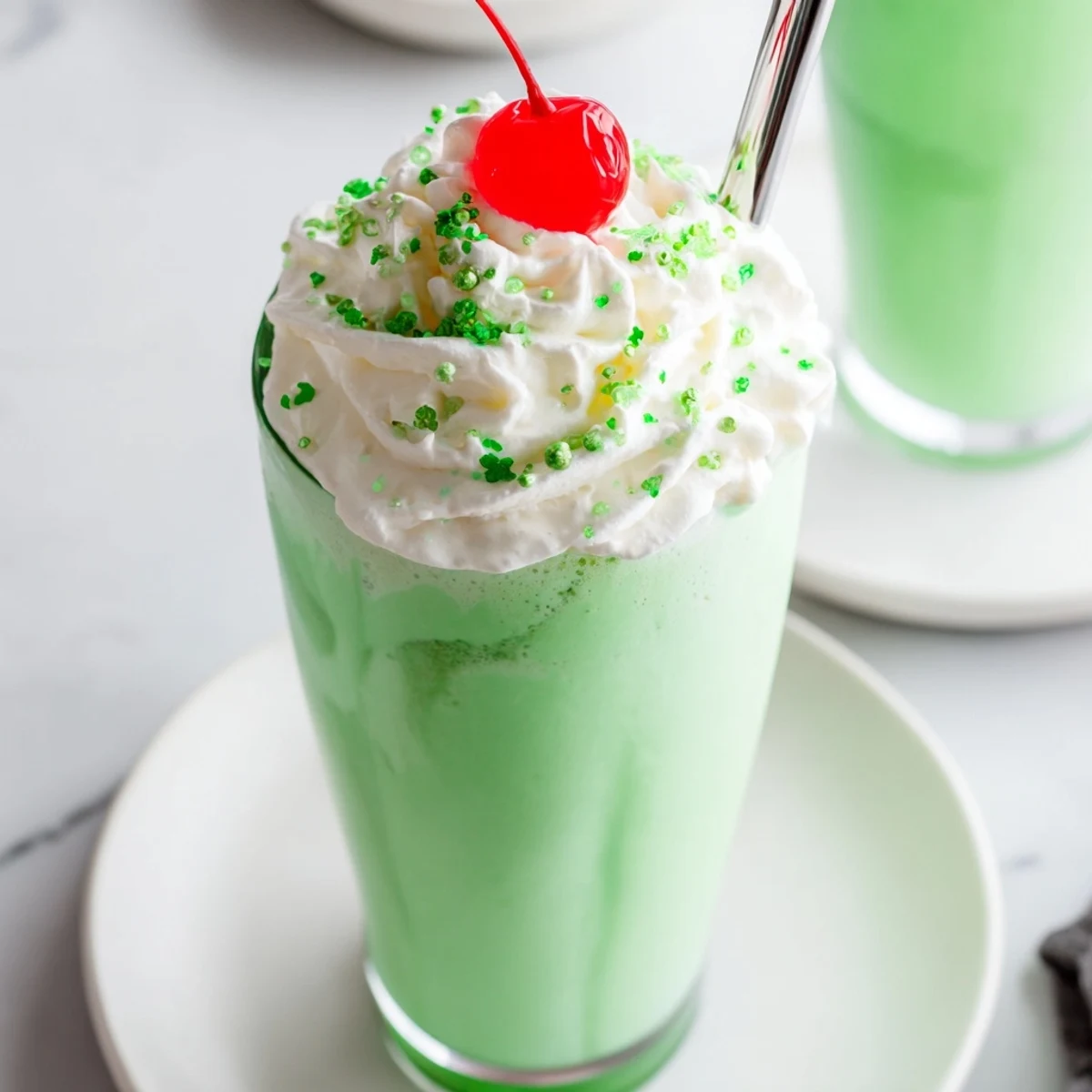 Two glasses of Shamrock Mint Milkshake topped with whipped cream and a maraschino cherry against a green backdrop.