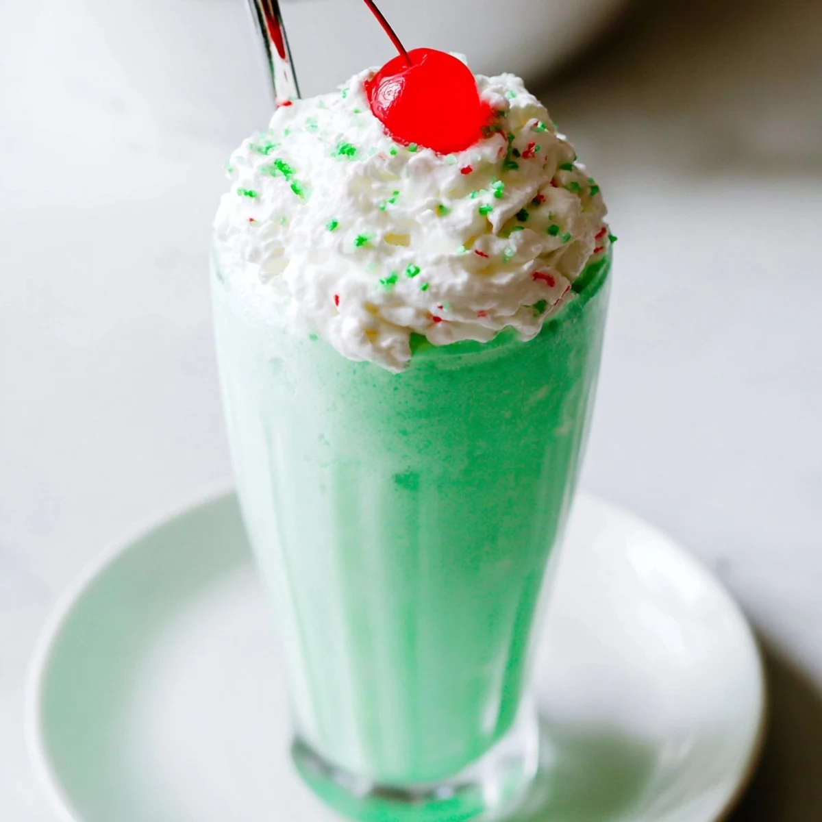 The creamy green Shamrock Mint Milkshake with a bright cherry, paired with striped paper straws for a festive look.