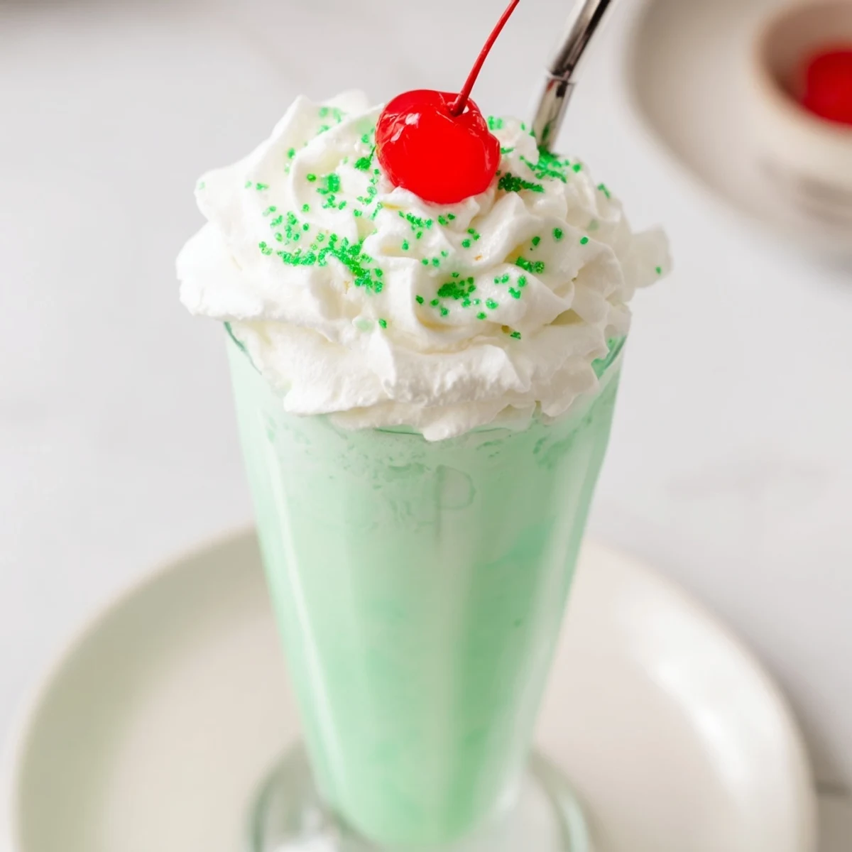 A single tall glass of Shamrock Mint Milkshake garnished with whipped cream and green sprinkles, set on a marble surface.