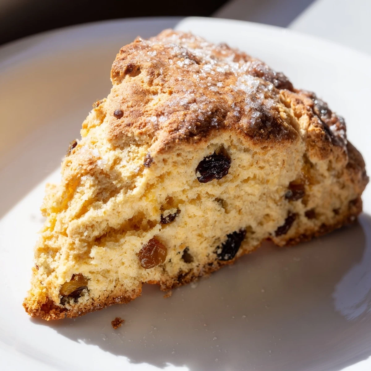 Freshly baked Irish Soda Bread Scones on a rustic board, golden brown with raisins and a coarse sugar crust.