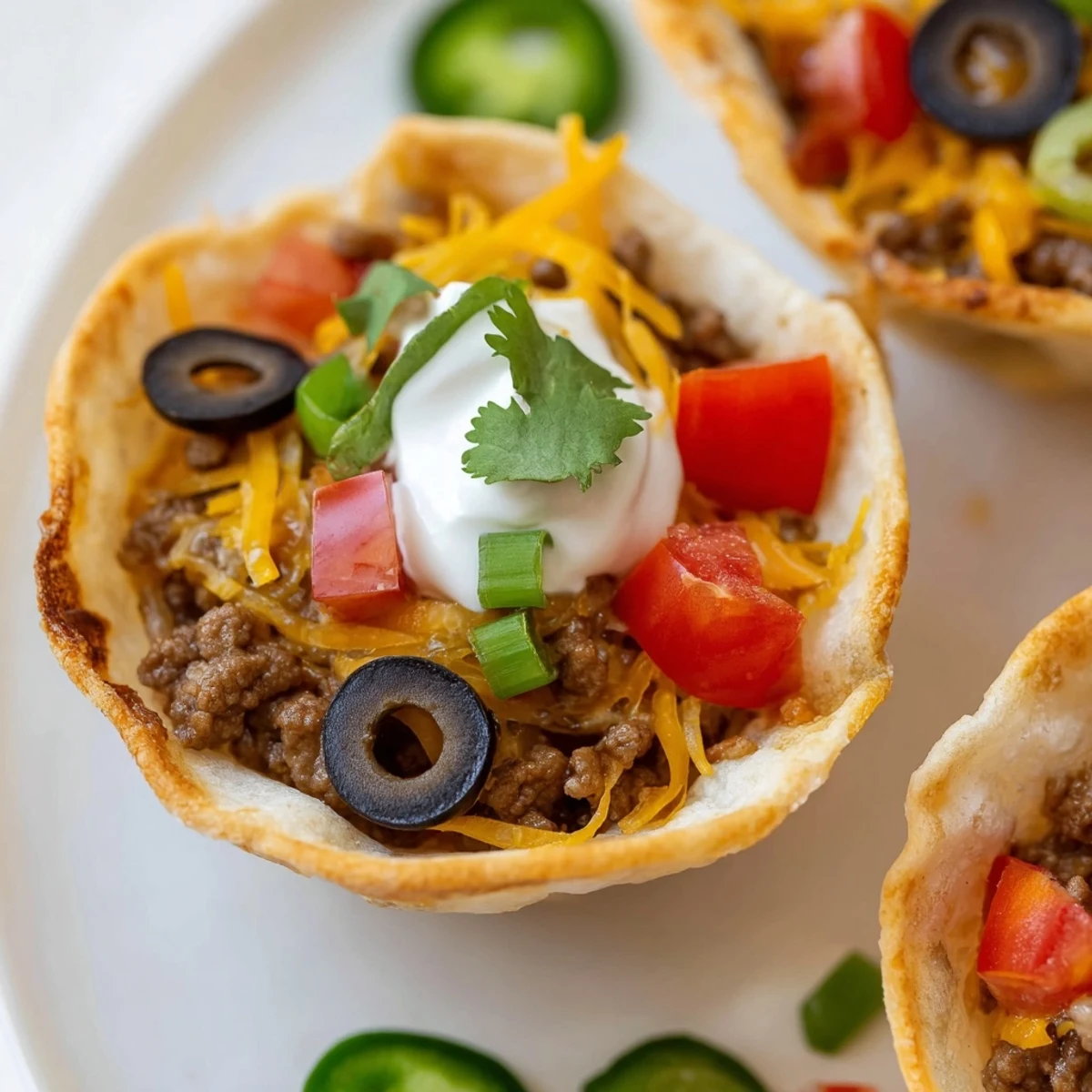 Crisp, baked Touchdown Taco Cups filled with seasoned ground beef and cheddar, topped with sour cream and tomatoes on a serving platter.