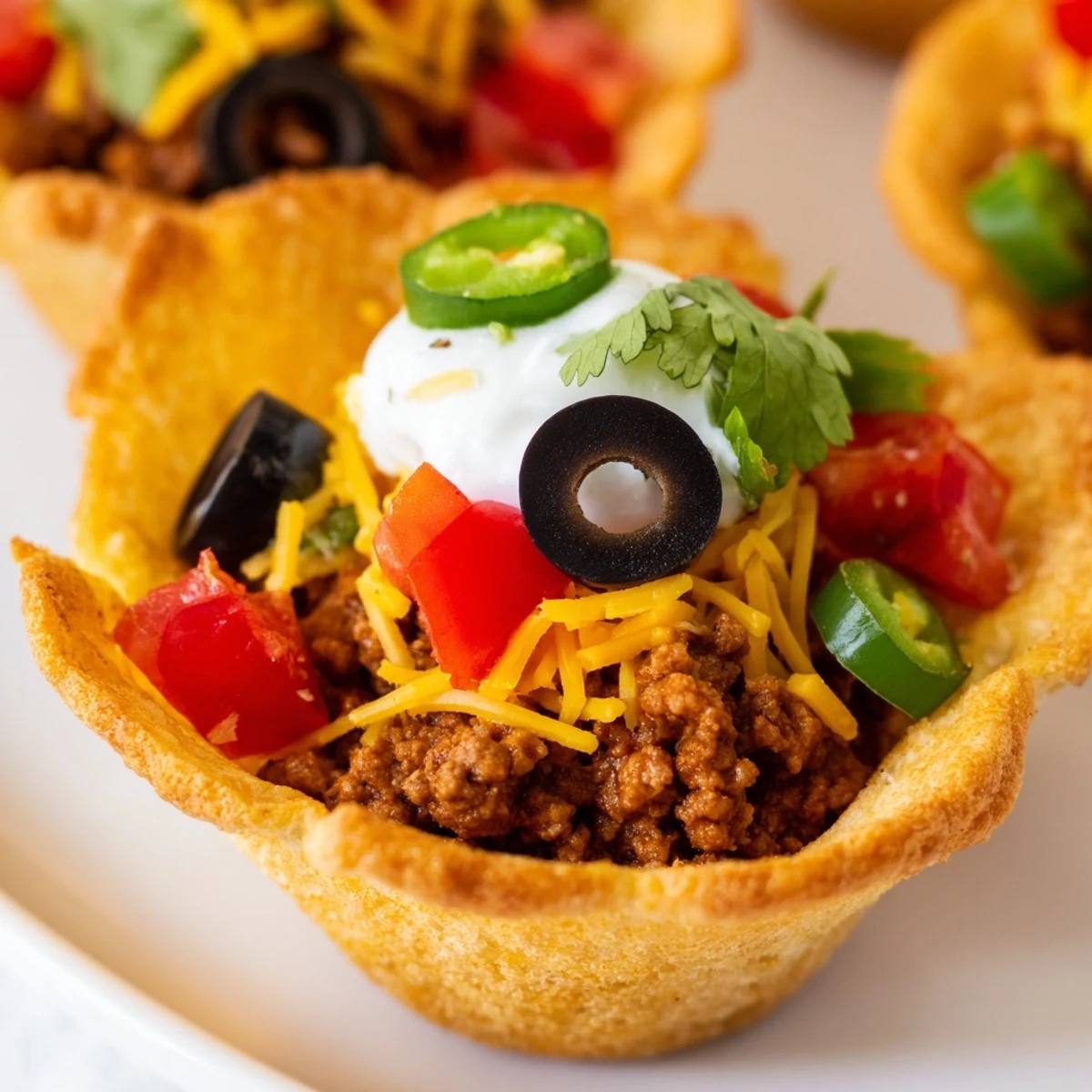 Golden-brown Touchdown Taco Cups with ground beef and melted cheese sit in a muffin tin, garnished with fresh cilantro.