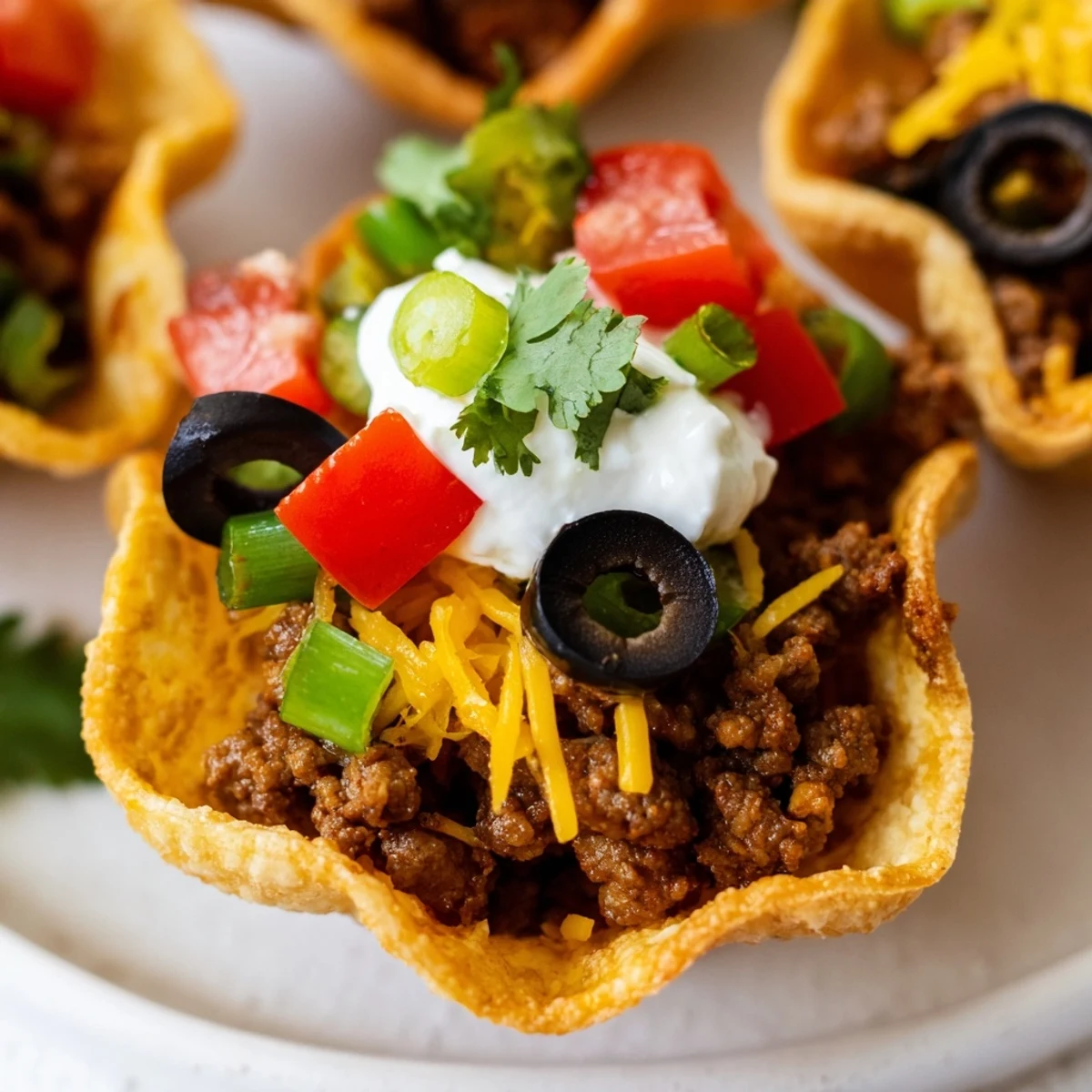 A single Touchdown Taco Cup with seasoned ground beef and melted cheese, garnished with jalapeños and green onions, served warm.