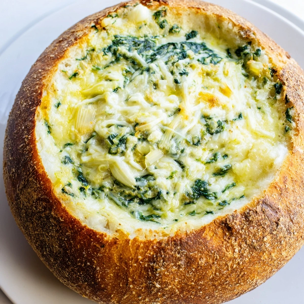 A warm, bubbling Super Bowl Spinach Dip inside a hollowed-out sourdough bread bowl, served with bread cubes and fresh veggies.  