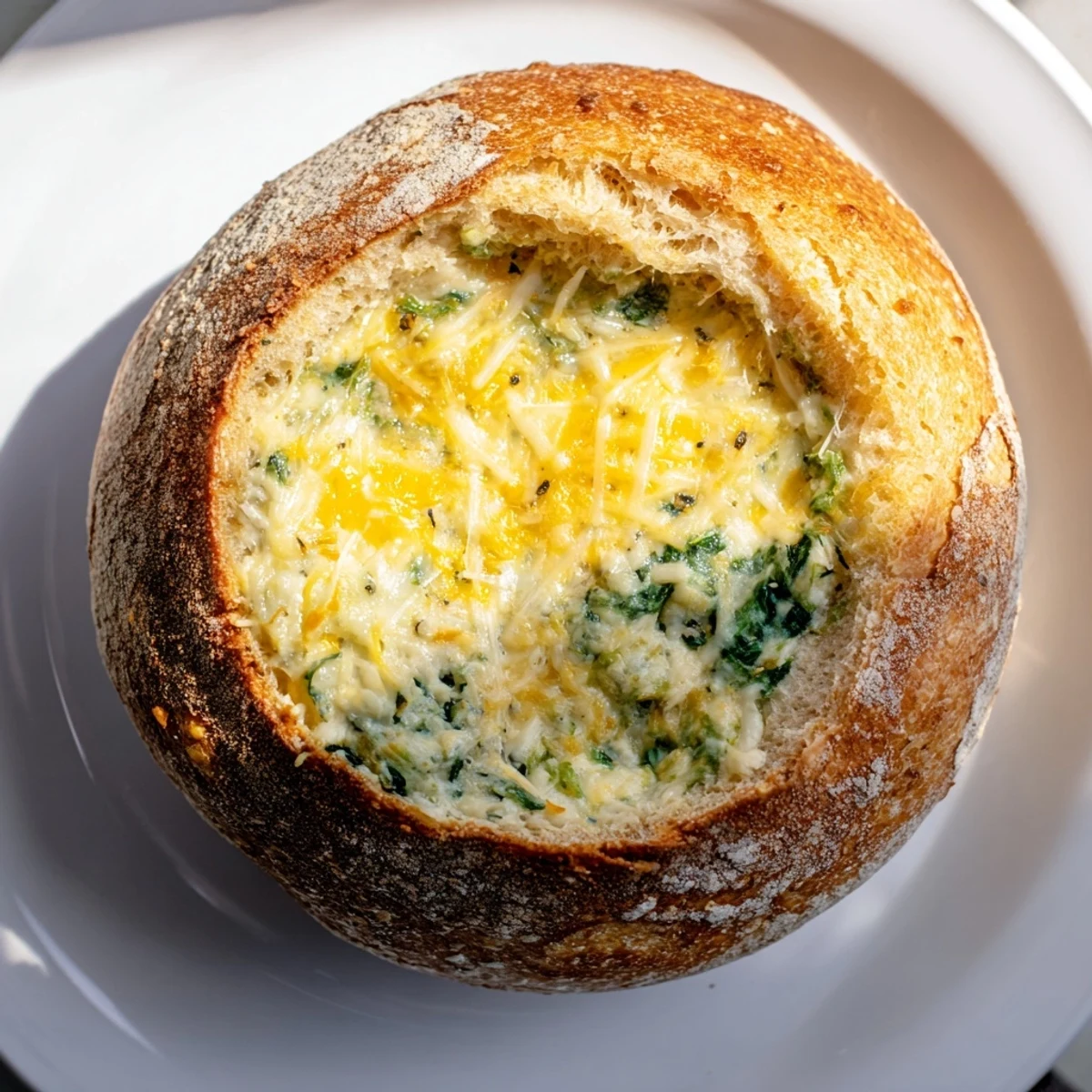 Freshly baked Super Bowl Spinach Dip in a crusty bread bowl, topped with melted mozzarella and Parmesan.  