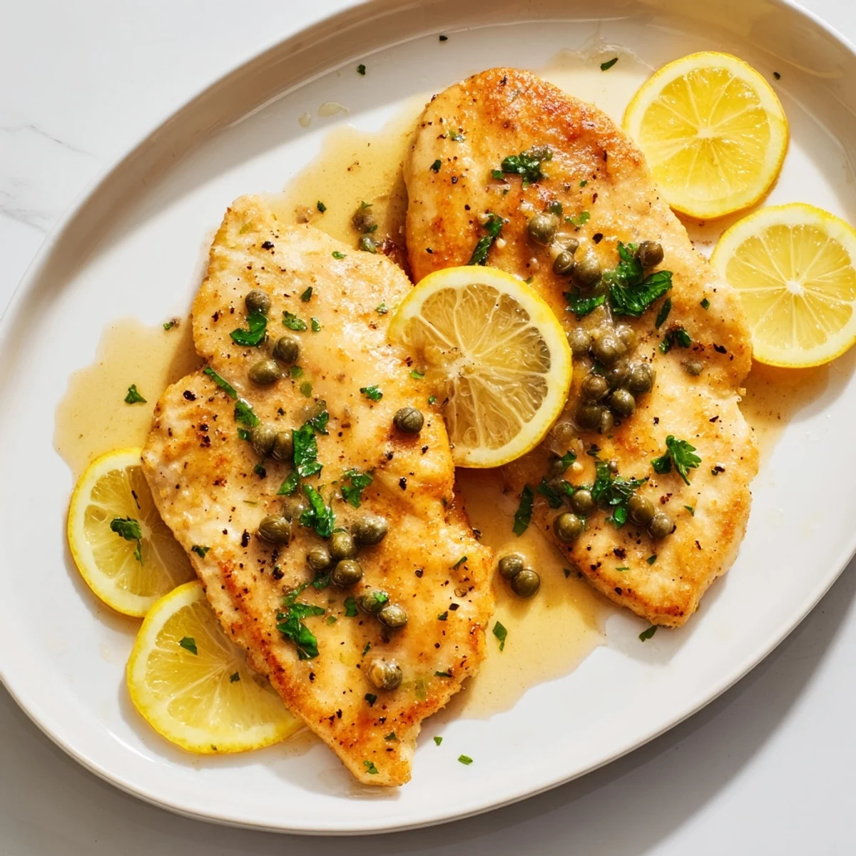 Sizzling Date Night Chicken Piccata with golden-brown chicken, lemon slices, and fresh parsley garnish, served over angel hair pasta.
