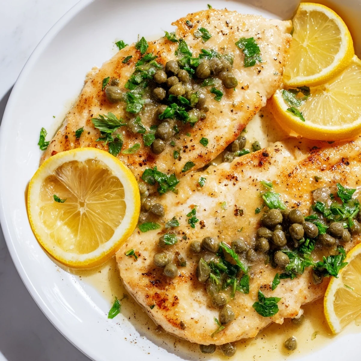 A close-up of juicy Date Night Chicken Piccata, drizzled with a luscious lemon-caper sauce and finished with a pat of butter.