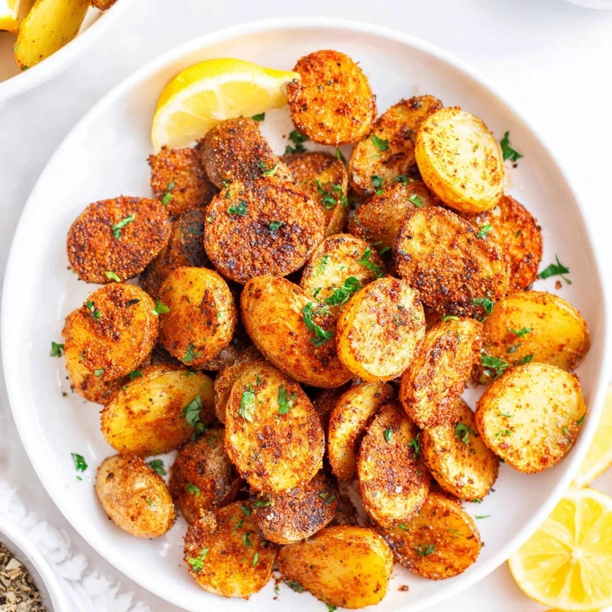 Golden-brown Cajun Spiced Roasted Potatoes with crispy edges, fresh parsley, and lemon wedges on a rustic platter.