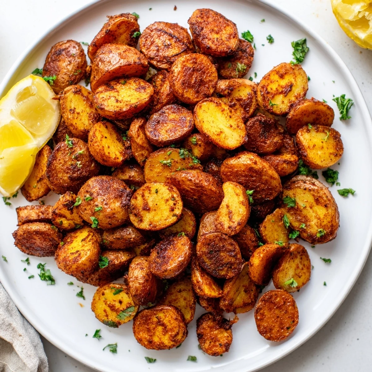 Cajun Spiced Roasted Potatoes featuring tender interiors and smoky spices, served warm alongside grilled steak for dinner.