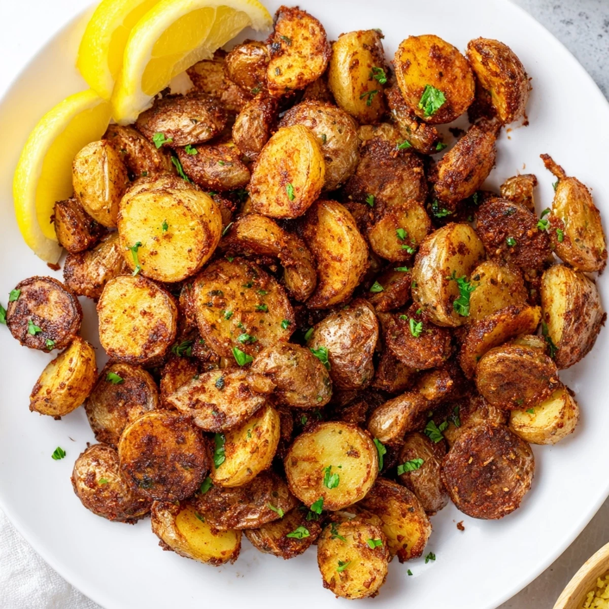 Oven-roasted Cajun Spiced Roasted Potatoes glistening with olive oil and spices, ready to eat as a snack.