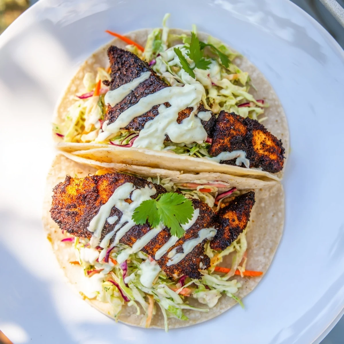 Golden-brown blackened fish nestled in warm corn tortillas, topped with vibrant slaw and a drizzle of spicy crema. 