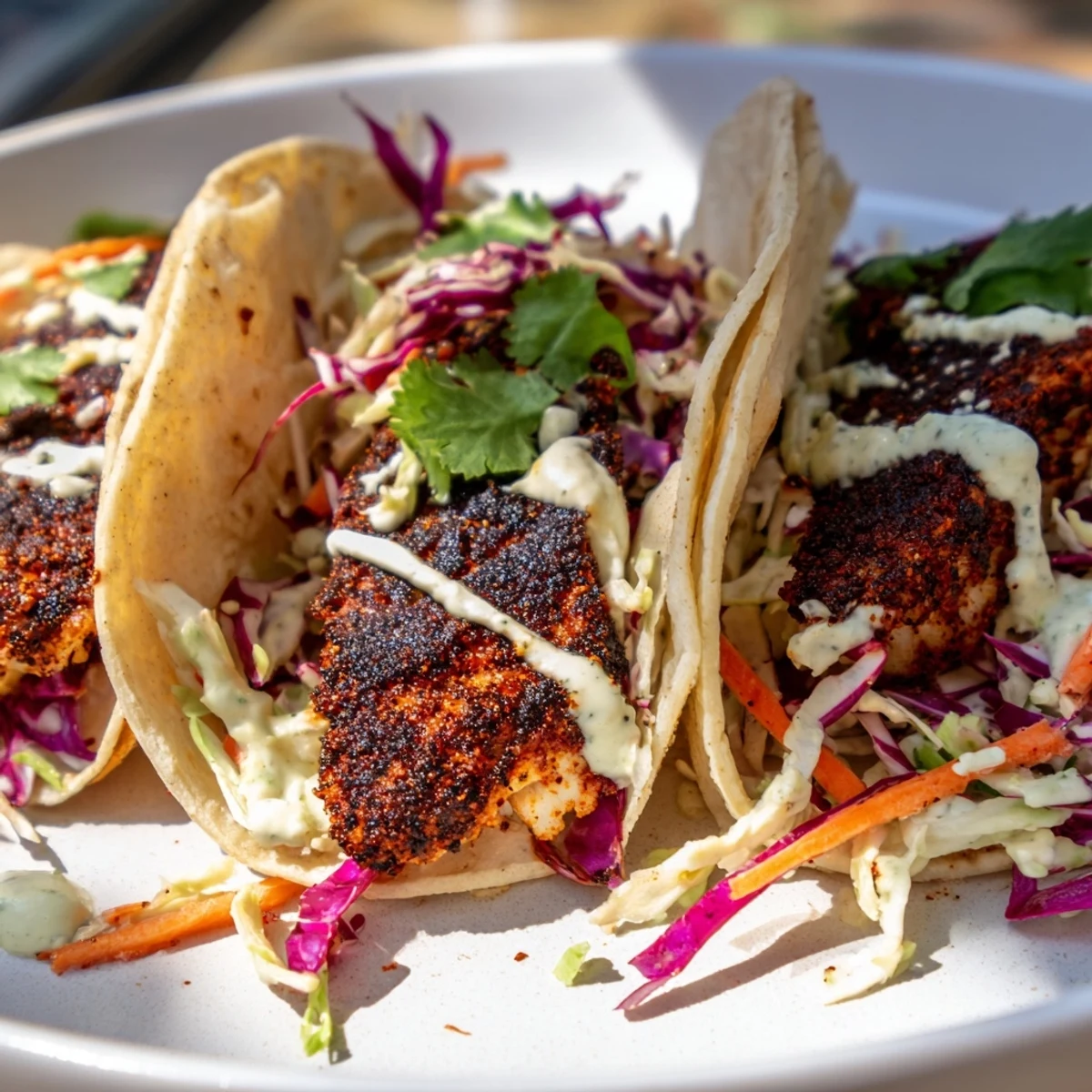 Louisiana Blackened Fish Tacos feature smoky, Cajun-spiced fillets tucked into soft tortillas with fresh lime wedges. 