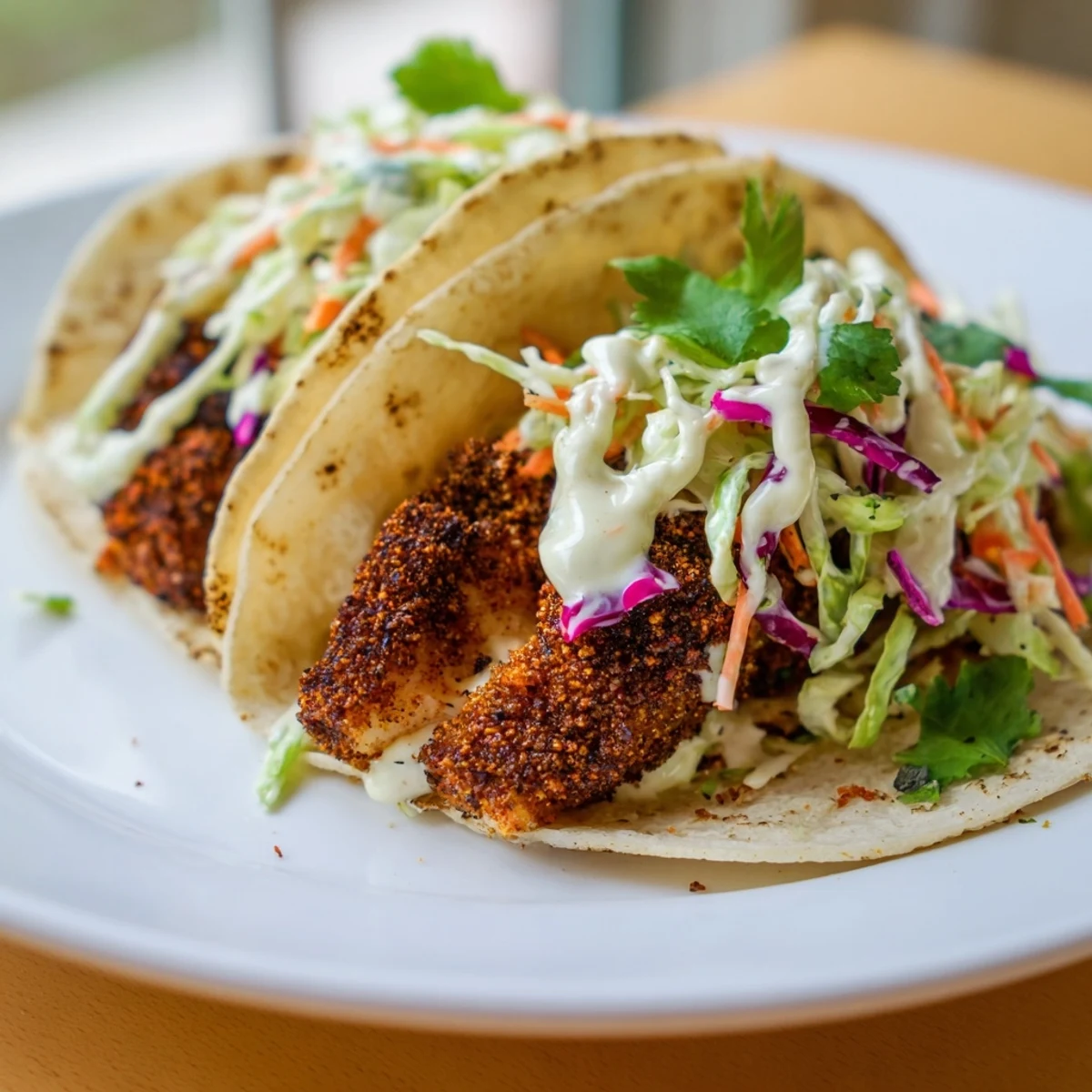 Enjoy blackened fish tacos piled high with tangy slaw, zesty crema, and cilantro, perfect for a spicy weeknight dinner.