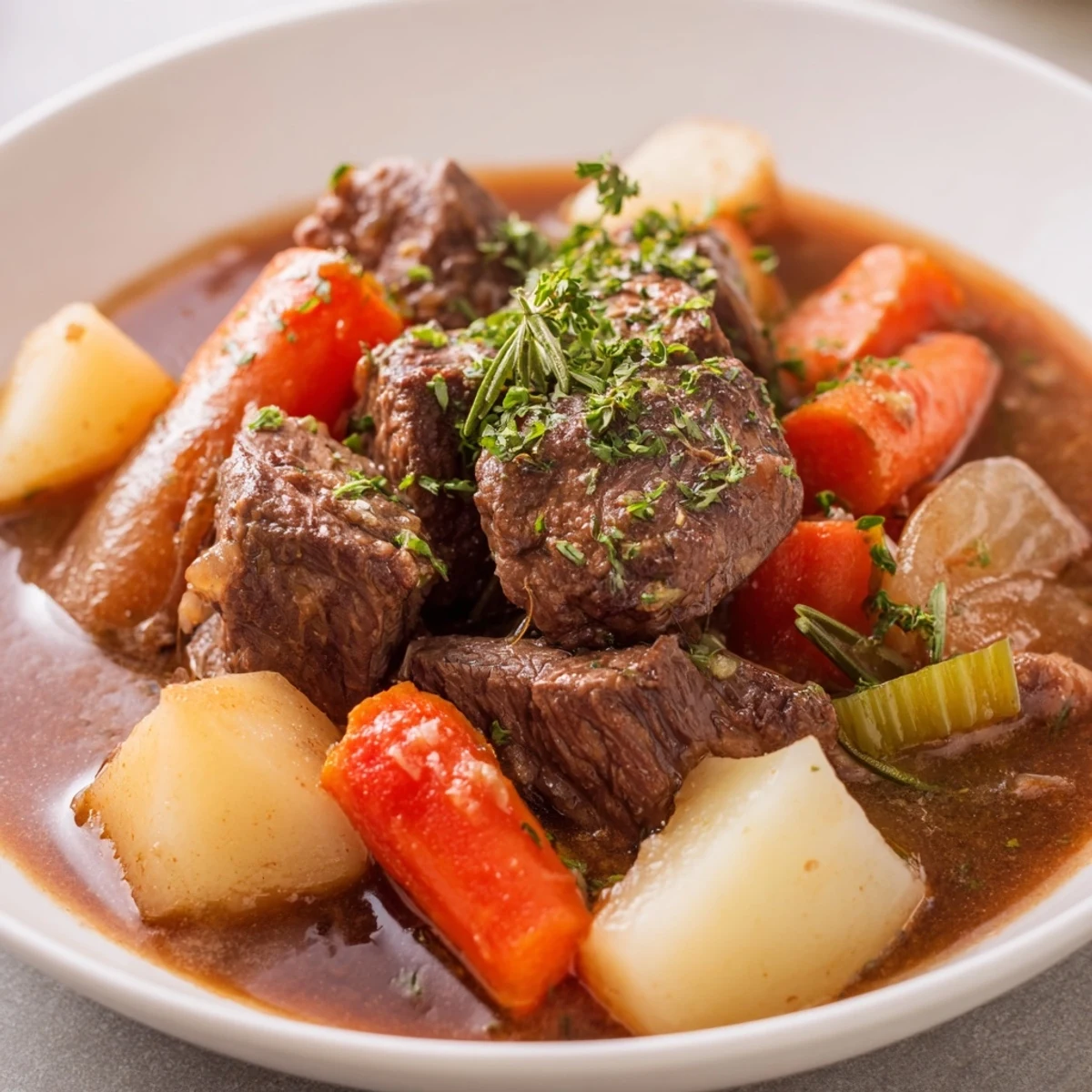 A warm bowl of St. Patricks Day Irish Beef Stew, featuring tender beef chunks and colorful root vegetables in a rich, dark broth.