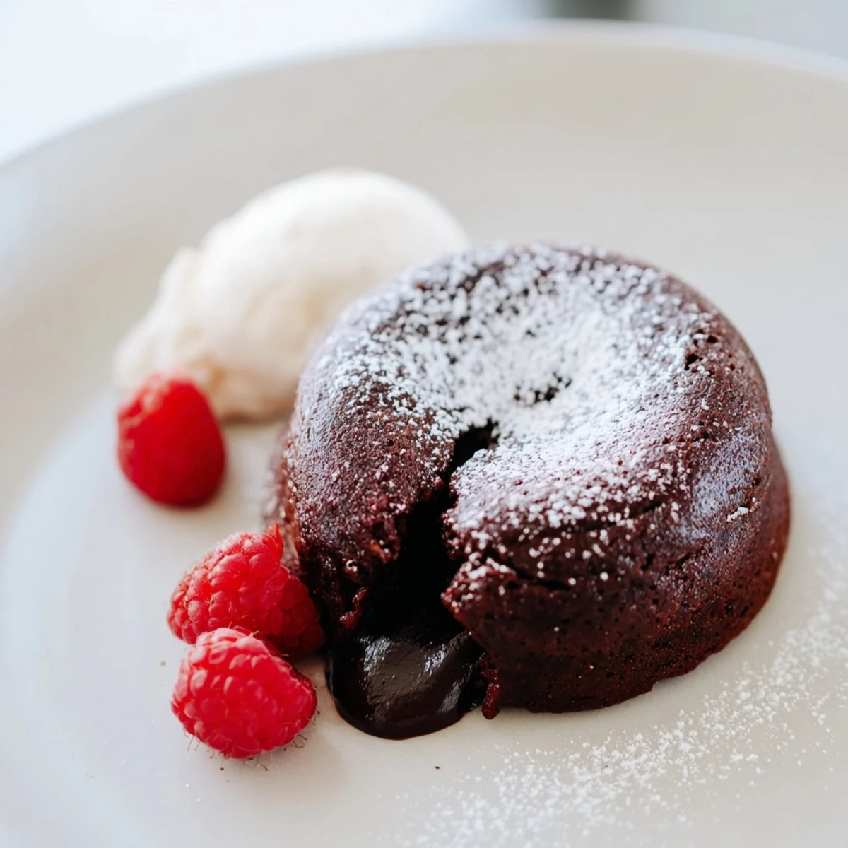 Gooey Valentine Molten Chocolate Lava Cakes on plates, dusted with powdered sugar and topped with fresh raspberries for a romantic dessert.
