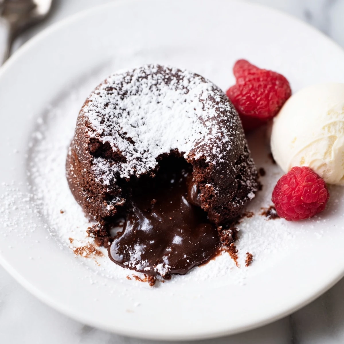 Baked Valentine Molten Chocolate Lava Cakes in ramekins, their soft centers oozing beside a scoop of vanilla ice cream.