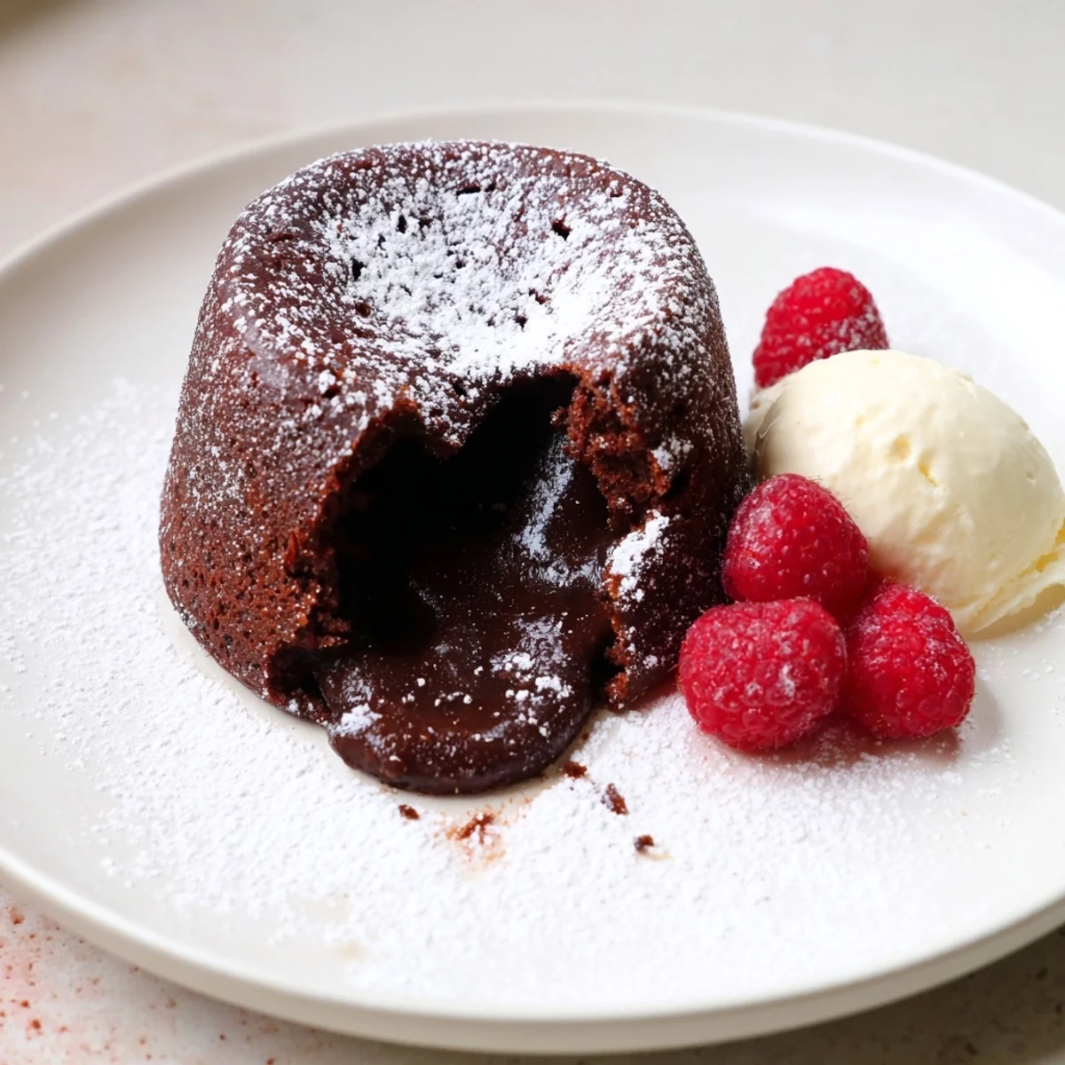 Valentine Molten Chocolate Lava Cakes served warm on white plates, with red berries and a drizzle of chocolate sauce.