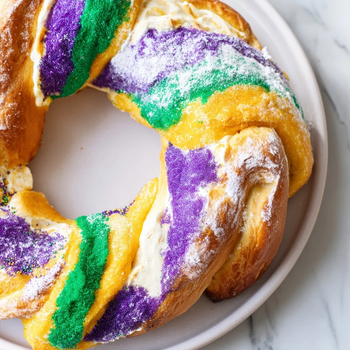 Golden Mardi Gras King Cake with purple, green, and gold sugars over a sweet cream cheese filling.