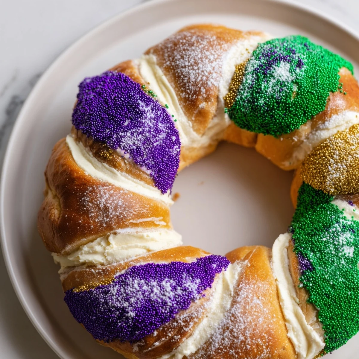 Festive New Orleans King Cake ring on a marble counter, ready for Mardi Gras celebrations.