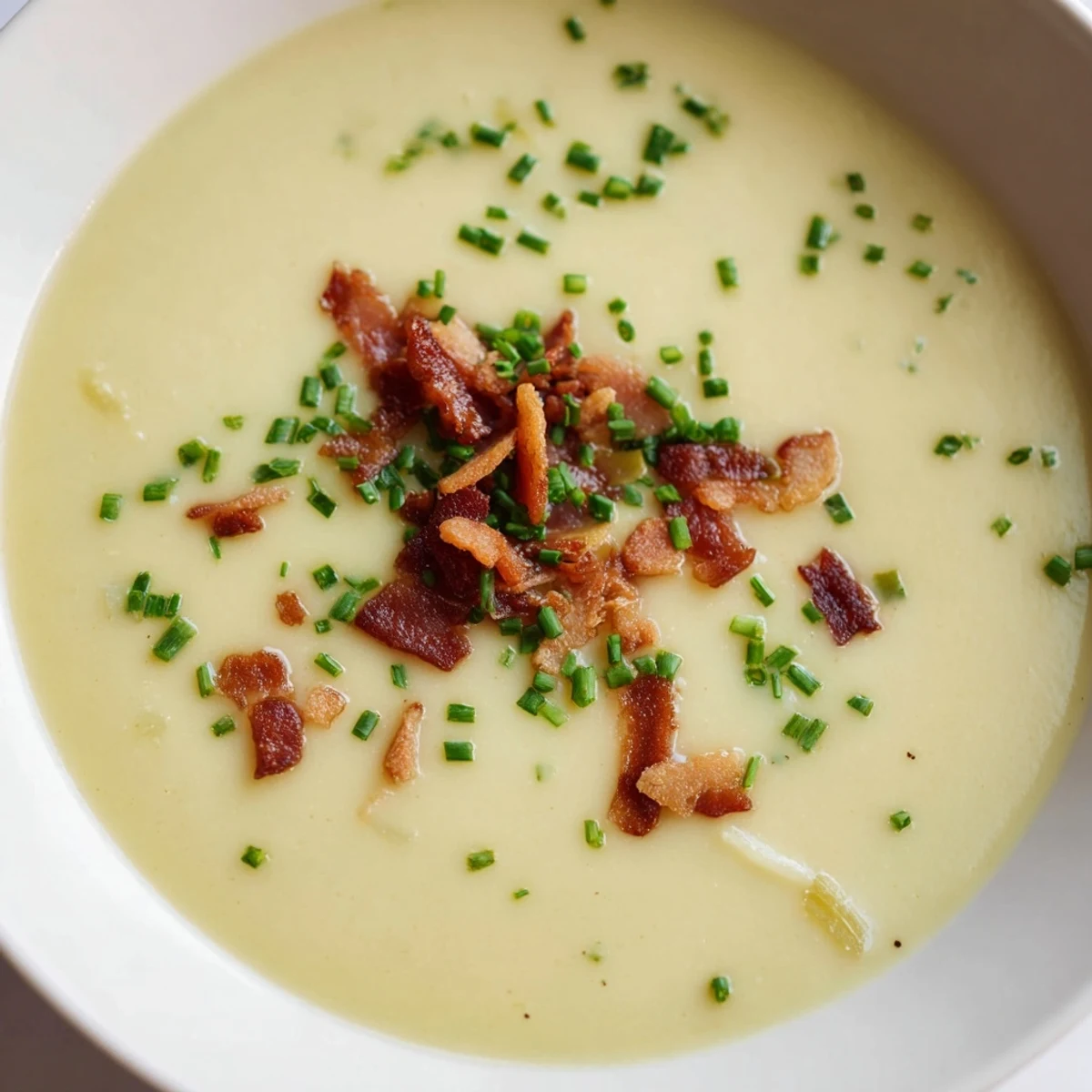 Creamy potato and leek soup with turkey bacon is ladled into a rustic bowl, topped with crispy bacon bits and fresh chives for garnish.  