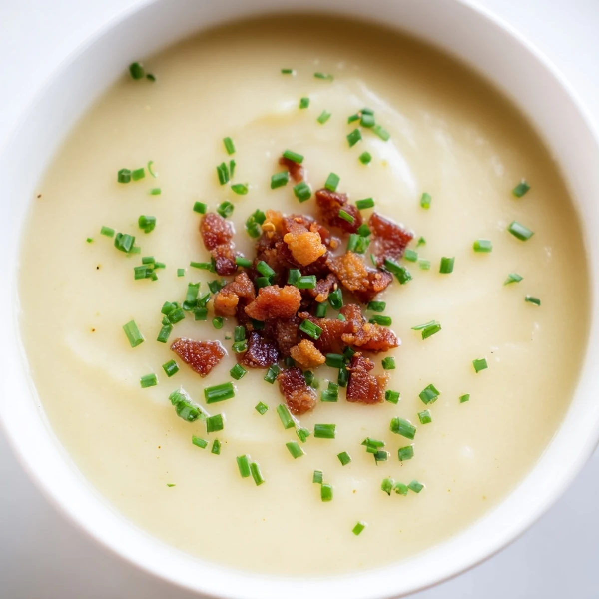 A close-up of the creamy potato and leek soup with turkey bacon, highlighting its smooth texture and golden, garnished surface.