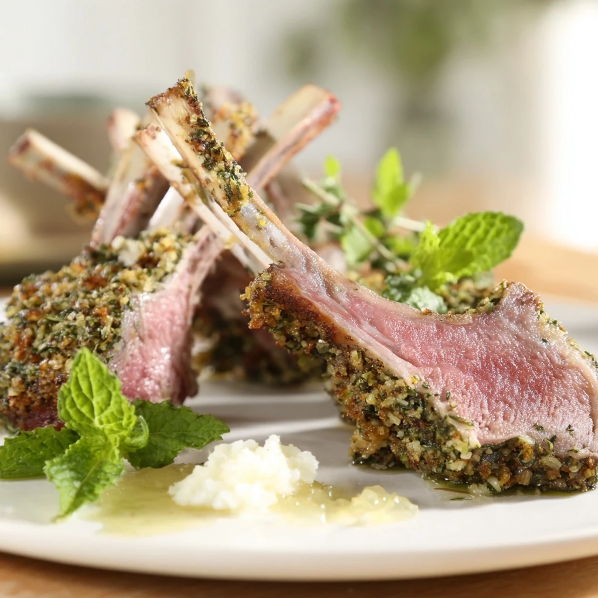 Garlic Herb Roasted Rack of Lamb with Mint Jelly, sliced and served on a platter with fresh mint leaves and mint jelly on the side.