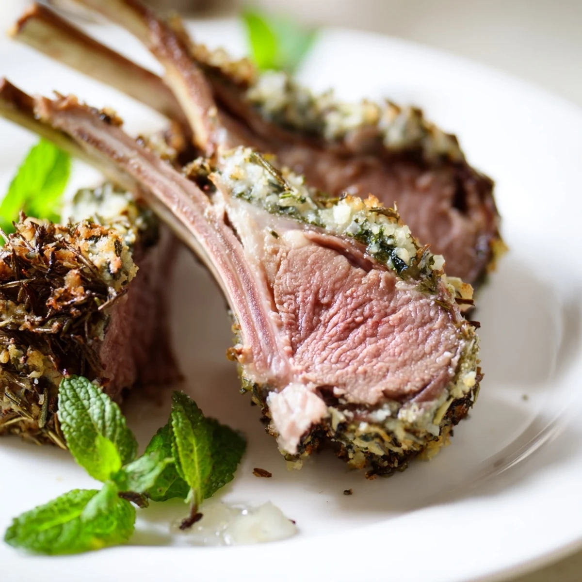 Serve Garlic Herb Roasted Rack of Lamb with Mint Jelly alongside roasted potatoes and vegetables for a complete, elegant meal.