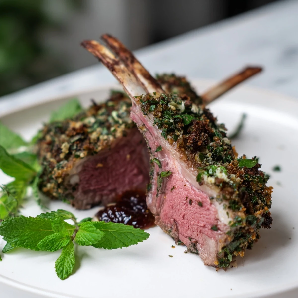 A juicy Garlic Herb Roasted Rack of Lamb with Mint Jelly rests after roasting, showcasing a perfectly browned crust and herb crust.