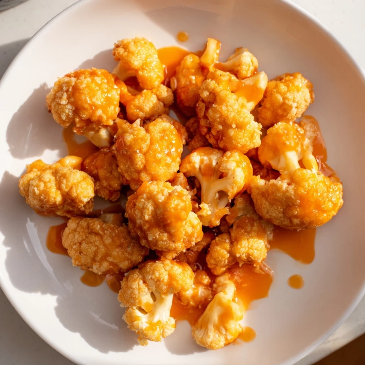 Golden, crunchy Crispy Baked Cauliflower Bites with Buffalo Sauce served with creamy dip and fresh celery sticks.